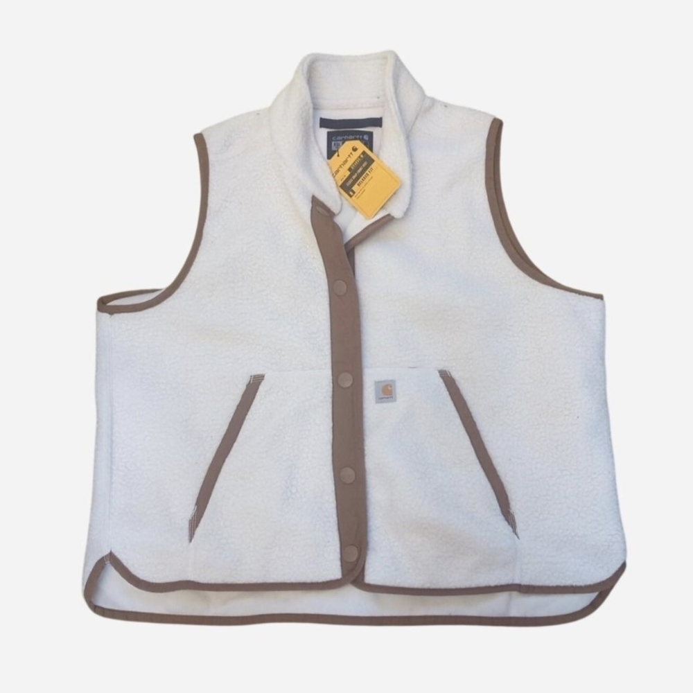 Carhartt XXL NWT Women's Relaxed Fit Sherpa Fleece Vest Cream Brown Snap Pockets
